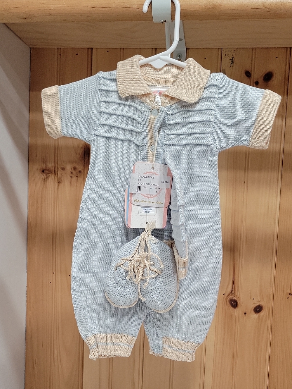 Classic Knit Baby One-Piece in Light Blue and Cream
